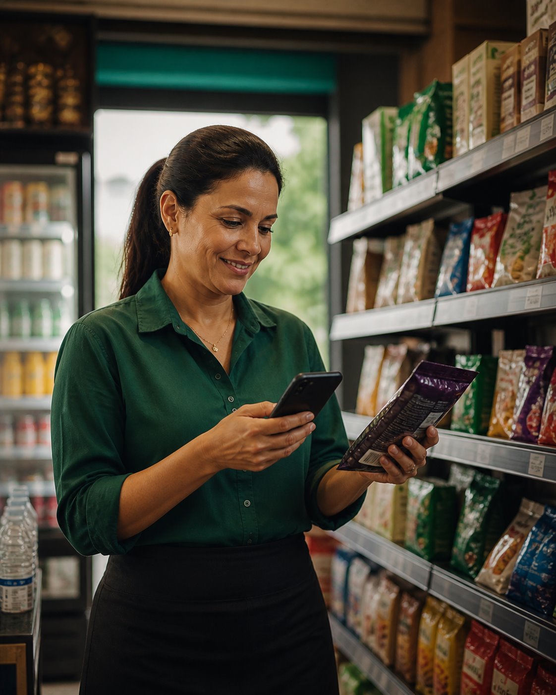 Lojista conferindo um produto e o estoque pelo celular