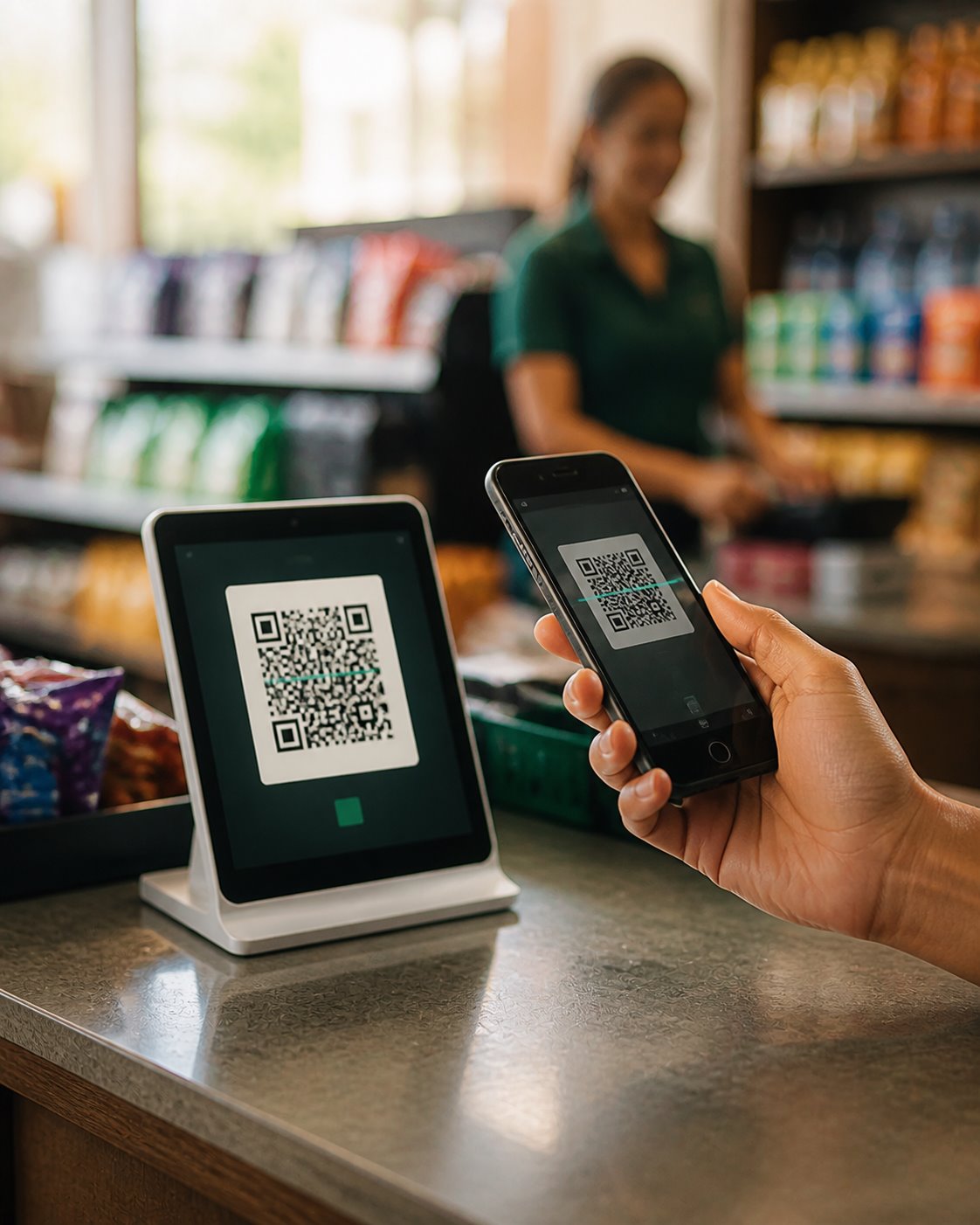 Cliente pagando por PIX com QR Code em uma conveniência